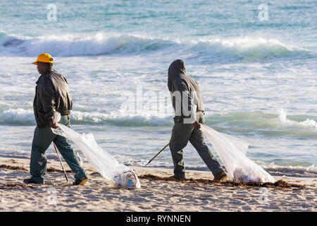 Miami Beach Florida,Oceano Atlantico,acqua,spiaggia pubblica,pulizia,lettiera,pick up,pick up,dipendente della città,uomo nero maschio,surf,lavoro,lavoro,lavoro dipendente lavoro Foto Stock