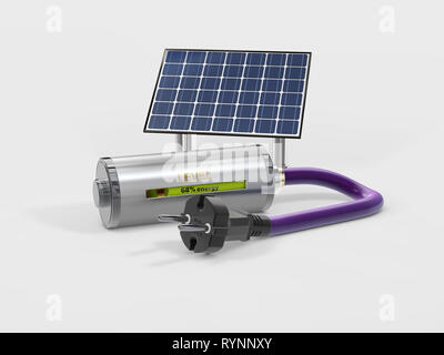 3d illustrazione della carica della batteria con spina di alimentazione e batteria solare su sfondo grigio. Foto Stock