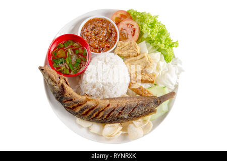 Frittura di pesce gatto Riso con sambal, popolare tradizionale Malay o indonesiano cibo locale. Isolato su sfondo bianco. Laici flat top down vista aerea. Foto Stock