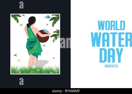 Giornata mondiale dell'acqua - donna Indiana che porta sulla pentola di acqua - Vettore Design telaio Illustrazione Vettoriale