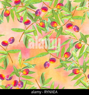 Una perfetta disegno ad acquerello di vibranti di ulivo rami con olive, vegano ripeti stampa su un sfondo astratto Foto Stock