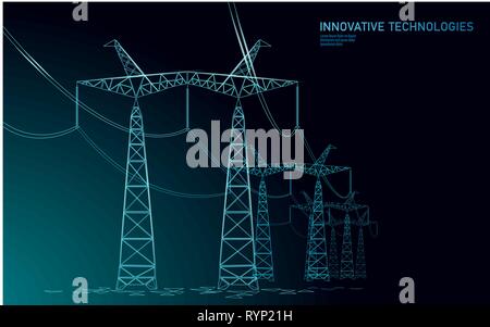 Bassa poli linea elettrica ad alta tensione silhouette. Settore della fornitura di energia elettrica tralicci delinea on dark night blue sky. Innovazione della tecnologia ecectrical Illustrazione Vettoriale