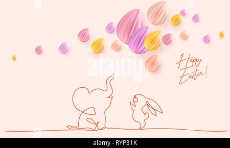 Felice Pasqua. Carino piccolo elefante con aria palloncini sagomati come le uova e il coniglio. Vettore desing di carta illustrazione. Continuo di uno stile della linea. Illustrazione Vettoriale