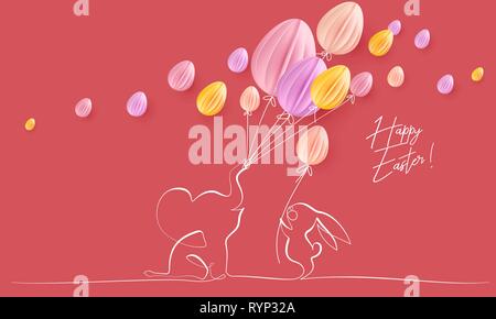 Felice Pasqua. Carino piccolo elefante con aria palloncini sagomati come le uova e il coniglio. Vettore desing di carta illustrazione. Continuo di uno stile della linea. Illustrazione Vettoriale