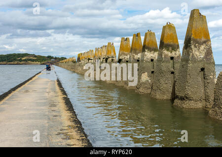 Marea sulla Causeway, con seconda guerra mondiale anti-barca tralicci, portando ad Cramond Isola, Cramond, Edimburgo, Scozia, Regno Unito Foto Stock