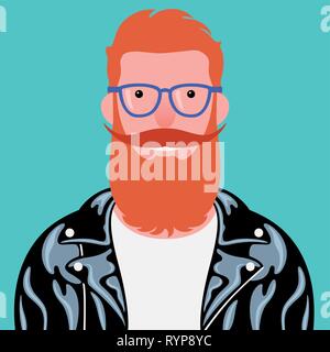 Ritratto di vettore di felice barbuto Man In Black Leather Jacket, una camicia bianca e vetri blu. Sorridente giovane hipster con red barba e baffi Illustrazione Vettoriale