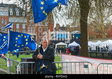 Westminster, Londra, Regno Unito. 14 mar 2019. Il dimostratore con la bandiera dell'UE di fronte alla media circus al di fuori della casa del Parlamento, il 14 marzo 2019, il giorno in cui il Parlamento ha votato a favore del ritardo di credito Brexit: Richard Barnes/Alamy Live News Foto Stock