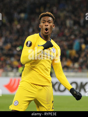 Kiev, Ucraina. Xiv Mar, 2019. CALLUM HUDSON-ODOI del Chelsea FC reagisce dopo il punteggio obiettivo durante UEFA Europa League, seconda gamba partita di calcio tra Chelsea FC e Dynamo Kyiv, all'Olimpiyskiy Stadium di Kiev, in Ucraina, il 14 marzo 2019. Credito: Serg Glovny/ZUMA filo/Alamy Live News Foto Stock