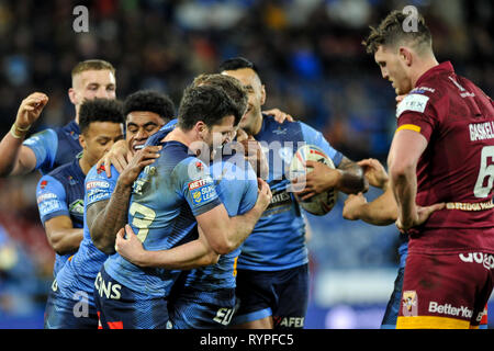 Huddersfield, Regno Unito. 14th Mar 2019. John Smiths Stadium, Huddersfield, Inghilterra; Rugby League Betfred Super League, Huddersfield Giants vs St Helens; i giocatori di St. Helens festeggiano la seconda metà della prova. Credit: Dean Williams/Alamy Live News Foto Stock