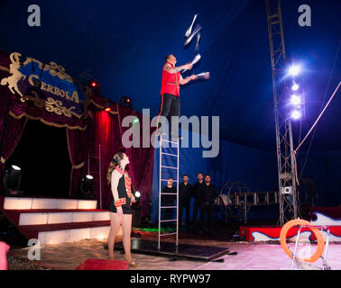 Carrigaline, Cork, Irlanda. Il 14 marzo 2019. Giocoliere Marc Dorffner da Berlino del Circus Gerbola nell'esecuzione in big top a Carrigaline, Co. Cork, Irlanda. Credito: David Creedon/Alamy Live News Foto Stock