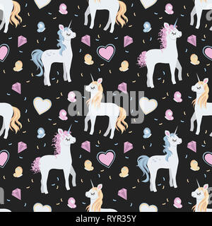 Cartoon carino seamless pattern con unicorns bianco con oro e rosa manes, cuori e farfalle on dark sfondo nero Foto Stock