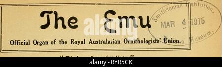 La Uem organo ufficiale della UEM : organo ufficiale dell'Australasian ornitologi' Union . emuofficialorgan1419141915roya Anno: 1901 ' Bir"è di un fcMhcr. Vol. XIV.] il 1 gennaio, 1915. [Parte 3. Royal Australasian ornitologi' Unione. Quattordicesima (Melbourne) sessione. Verbale della XIV sessione annuale della Royal Australasian ornitologi' Unione, svoltosi a Mel- bourne dal 4° al 8° novembre ho914. Primo giorno. Mercoledì 4 novembre, un numero di membri da Sovith Australia arrivati con il treno express a Melbourne, e sono stati accolti presso la stazione dal sig. A. H. E. Mattingley, pr Foto Stock