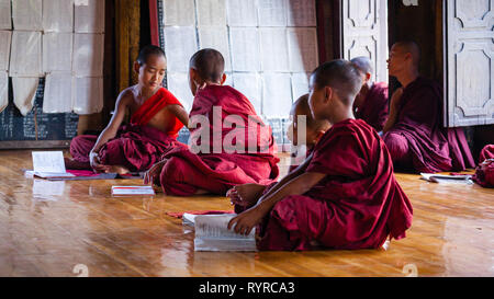 Partecipante i monaci buddisti studiano a Shwe Yan Pyay monastero vicino Lago Inle, Myanmar Foto Stock