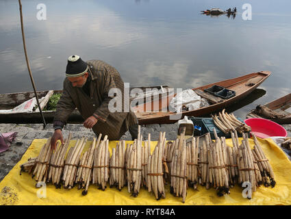 Srinagar, Indiano-controllato del Kashmir. Xv Mar, 2019. Un fornitore vende radici di loto sulla banca del lago Dal a Srinagar city, la capitale estiva di Indiano-Kashmir controllata, Marzo 15, 2019. Credito: Javed Dar/Xinhua/Alamy Live News Foto Stock