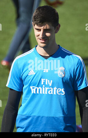 Madrid, Madrid, Spagna. Xv Mar, 2019. Thibaut Courtois (portiere; Real Madrid) durante una sessione di formazione presso la stazione di depurazione di Valdebebas strutture di formazione il 15 marzo 2019 a Madrid, Spagna Credit: Jack Abuin/ZUMA filo/Alamy Live News Foto Stock