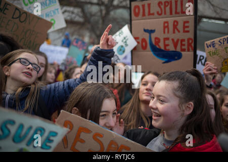 Edimburgo, Scozia, 15 marzo 2019. Il clima della gioventù sciopero manifestazione si svolge al di fuori del parlamento scozzese di Edimburgo, in Scozia, 15 marzo 2019. Il clima della gioventù Strike rallies, ispirato da schoolchild svedese e attivista Greta Thunberg, sono oggi che si svolgono in più di cento paesi. Foto di: Jeremy Sutton-Hibbert/Alamy Live News. Foto Stock