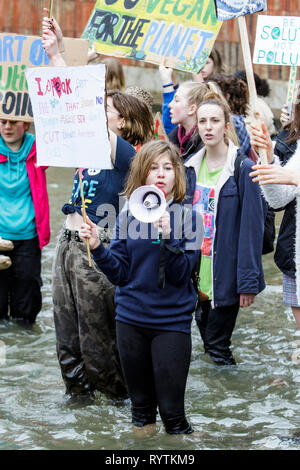 Bristol, Regno Unito. Il 15 marzo, 2019. Bristol studenti del college e scuola bambini che portano il cambiamento climatico cartelli e segni sono raffigurati in piedi nel fossato esterno Bristol City Hall come protestano contro il cambiamento climatico. Gli alunni che hanno anche fatto sciopero il mese scorso ha camminato fuori della scuola ancora oggi come parte di una coordinata a livello nazionale lo sciopero per azione di forza sulla politica in materia di cambiamento climatico. Credito: lynchpics/Alamy Live News Foto Stock