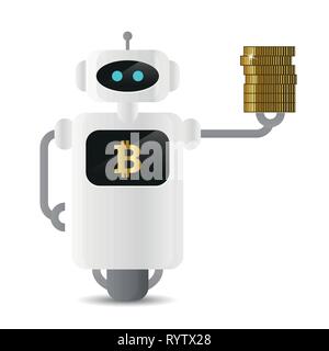 Simpatico robot bitcoin di contenimento delle monete d'oro nella sua mano illustrazione vettoriale EPS10 Illustrazione Vettoriale