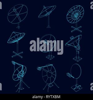 Impostare con contorni di antenne paraboliche per la ricezione satellitare. Satellite di telecomunicazione piatti da linee blu su uno sfondo scuro. Vista isometrica. Illustrazione Vettoriale Illustrazione Vettoriale