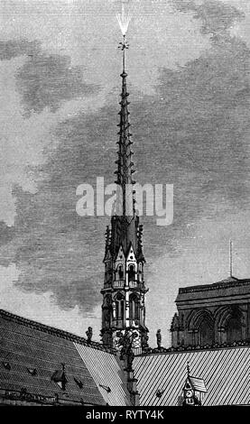 Meteo, thundery la situazione meteo, St. Elmo's fire in cima di un campanile, incisione su legno, Camille Flammarion: L'atmosfera: Meteorologie populaire, 1888, artista del diritto d'autore non deve essere cancellata Foto Stock