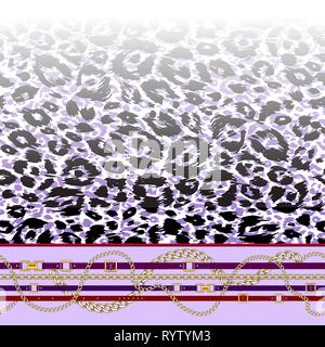 Abctract seamless pattern con cinghie, catena luminosa sulla pelle di animale sfondo per tessuto. Ripetendo alla moda leopard stampa bordo. Illustrazione Vettoriale