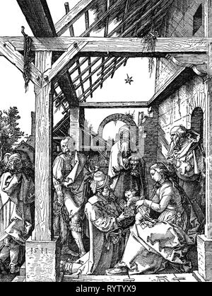 La religione, il cristianesimo, tre re, "Adorazione dei Magi", xilografia da Albrecht Dürer (1471 - 1528), 29.5 x 22.1 cm, prima metà del XVI secolo, grafica, grafica, a mezza lunghezza e mezza lunghezza, seduti, sedersi, inginocchiarsi, inginocchiata, Giuseppe, Maria, Madonna, Gesù Cristo, il bambino Gesù Bambino Gesù Bambino divino Bambino, bambini, kid, ragazzi, Gaspare, Melchiorre e Baldassarre, Natale, presepi, il Messia, il Salvatore e Redentore, azienda, tenere presente, presenta, oro, incenso, incenso e mirra, il culto, adora, religione Religioni, re, Re, xilografia, xilografie, histor, artista del diritto d'autore non deve essere cancellata Foto Stock