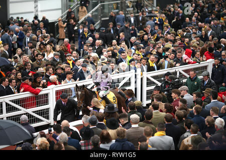 Jockey Nico de Boinville celebra la sua vittoria in JCB Triumph Hurdle su Pentland Hills durante la Gold Cup giorno del 2019 Cheltenham Festival a Cheltenham Racecourse. Foto Stock