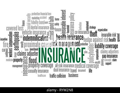 Parola di assicurazione Tag Cloud, mostra parole correlate alla gestione del rischio businnes, protezione perdita finanziaria e concetti simili, vettore ESP10 Illustrazione Vettoriale