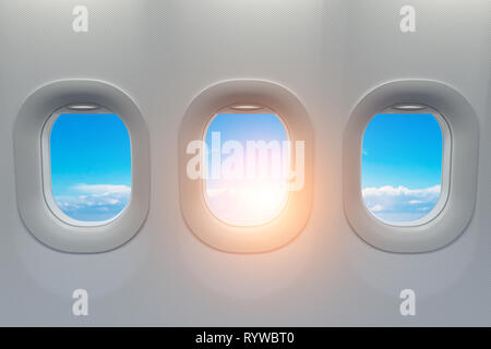 Aeroplano windows. Viaggi e turismo fliight concetto. 3d illustrazione Foto Stock