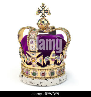 Golden crown con gioielli isolati su bianco. Inglese royal simbolo della monarchia britannica. 3d illustrazione Foto Stock