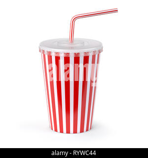 Rosso a strisce di carta o di vetro di plastica con acqua di soda, cannuccia, tè o caffè. 3d illustrazione Foto Stock