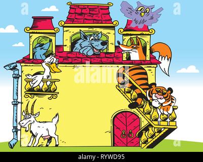 Nella illustrazione cartoon casa divertente con gli animali. Illustrazione Vettoriale
