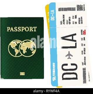 Biglietti di aereo e internazionale passaporto biometrico. Viaggi e vacanze concept Illustrazione Vettoriale