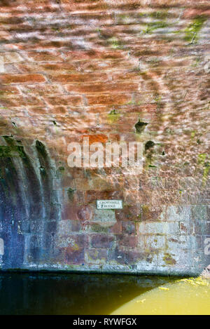 Riflessi di increspature dell'acqua sulla parte inferiore del ponte Crownhill su Great Western Canal a Halberton nel Devon, Inghilterra, Regno Unito Foto Stock