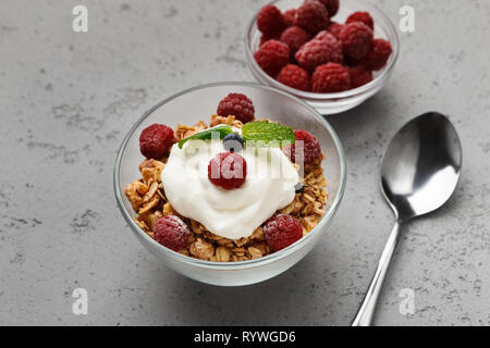 Muesli, yougurt e lamponi in ciotole Foto Stock