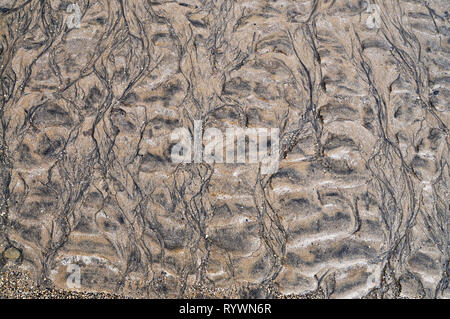 Wet vulcanica spiaggia sabbiosa con forme e texture Foto Stock