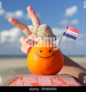 Frutta di arancia e Paesi Bassi mini bandiera con testo: KONINGSDAG - Kings giorno. Foto Stock
