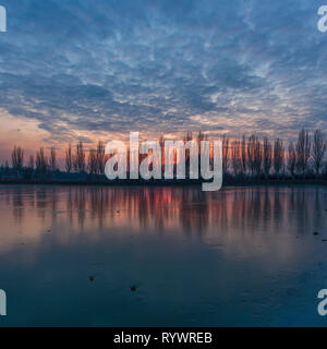 Sera paesaggio invernale con alberi di pioppo alley, luminoso Nuvoloso Tramonto sul fiume congelato lago in Kriviy Rih, Ucraina Foto Stock