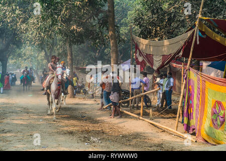 SONPUR, Bihar, in India-Novembre 30, 2015. I piloti cavalli di test su un polveroso lane durante l annuale Sonepur fiera del bestiame prima buyiing Foto Stock