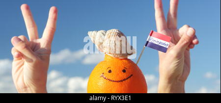 Frutta di arancia e Paesi Bassi mini bandiera con testo: KONINGSDAG - Kings giorno. Foto Stock