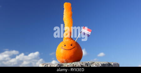 Frutta di arancia e Paesi Bassi mini bandiera con testo: KONINGSDAG - Kings giorno. Foto Stock