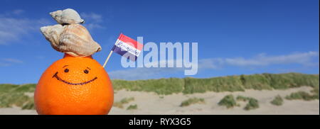 Frutta di arancia e Paesi Bassi mini bandiera con testo: KONINGSDAG - Kings giorno. Foto Stock