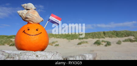 Frutta di arancia e Paesi Bassi mini bandiera con testo: KONINGSDAG - Kings giorno. Foto Stock