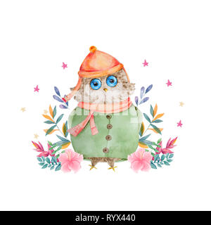 Acquerello Cartoon carino Gufo. Carino baby biglietto di auguri. Boho fiori e bouquet floreali Happy Birthday set. Il messaggio di saluto ad acquerello baby card sul retro bianco Foto Stock