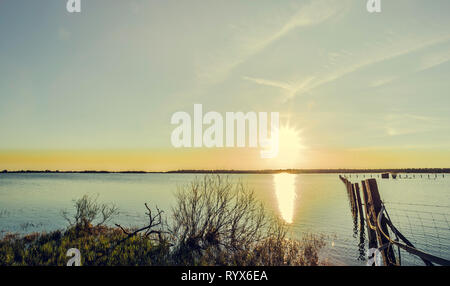 Palo di legno all'interno del lago con i riflessi del sole nell'acqua al tramonto e il cielo blu con nuvole in background Foto Stock