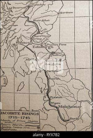 Un contorno 1921 mappa che mostra il giacobita levate 1715-1745 NEL REGNO UNITO Foto Stock