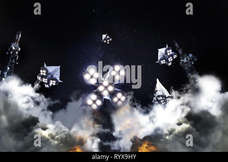 Gruppo di molti dei razzi il decollo nello spazio cielo notturno da launchpad vista dal basso Foto Stock