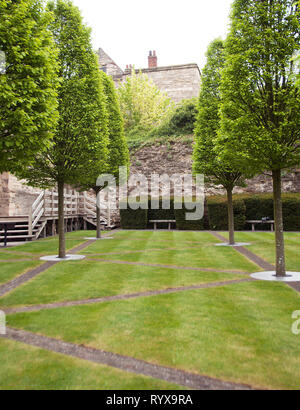 Medievale vescovile Palazzo Giardino contemporaneo di proprietà da English Heritage è in una impostazione histroric affacciato sulla città di Lincoln con carpino fastigiate Foto Stock