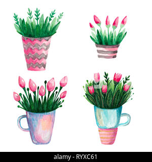 Acquerello è un insieme di fiori di primavera di tulipani in un vaso. Piante da fiore per la stampa di botanica Foto Stock