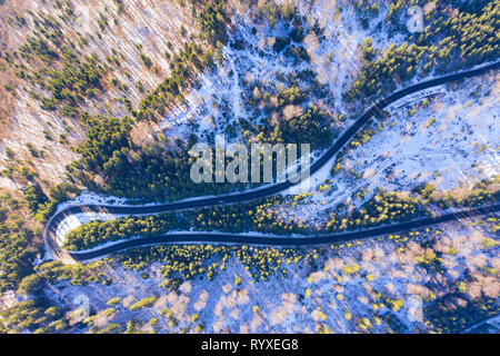 Al di sopra di vista di strada tortuosa in foresta, inverno giornata di sole Foto Stock